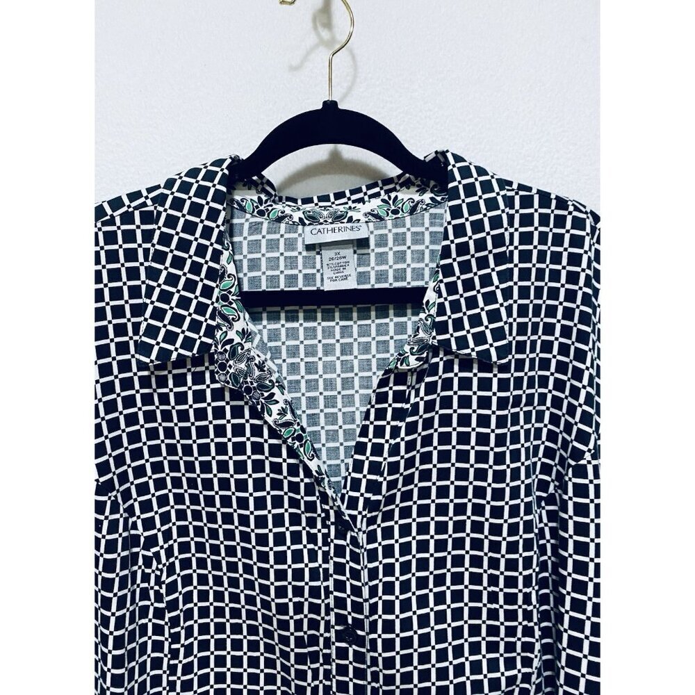 Catherines Top Womens 3X Black Window Pane Print Cotton 3/4 Sleeve Mature Career - Picture 2 of 8